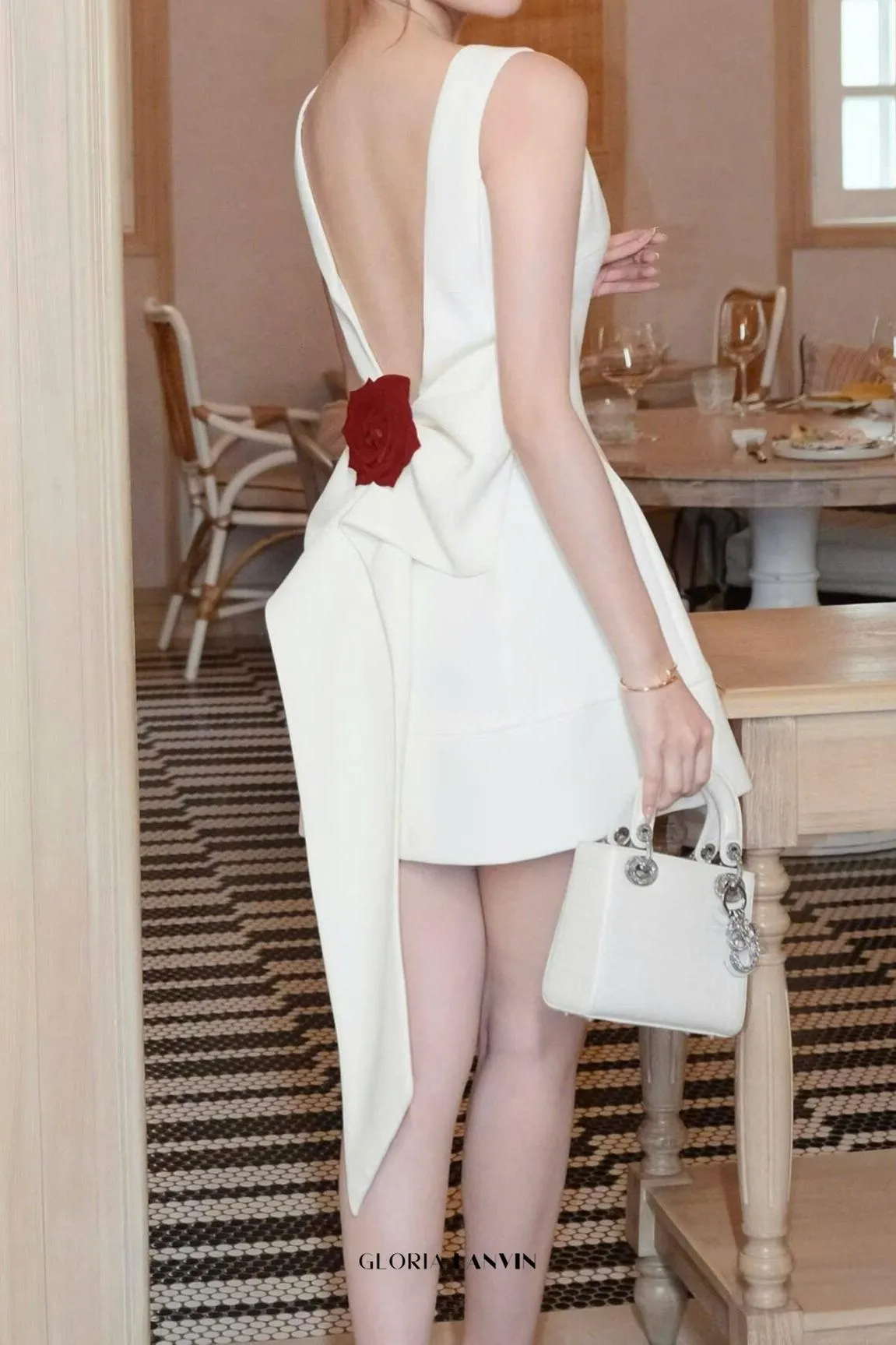 joanna backless flower bow embellished mini dress in white Gloria Lanvin