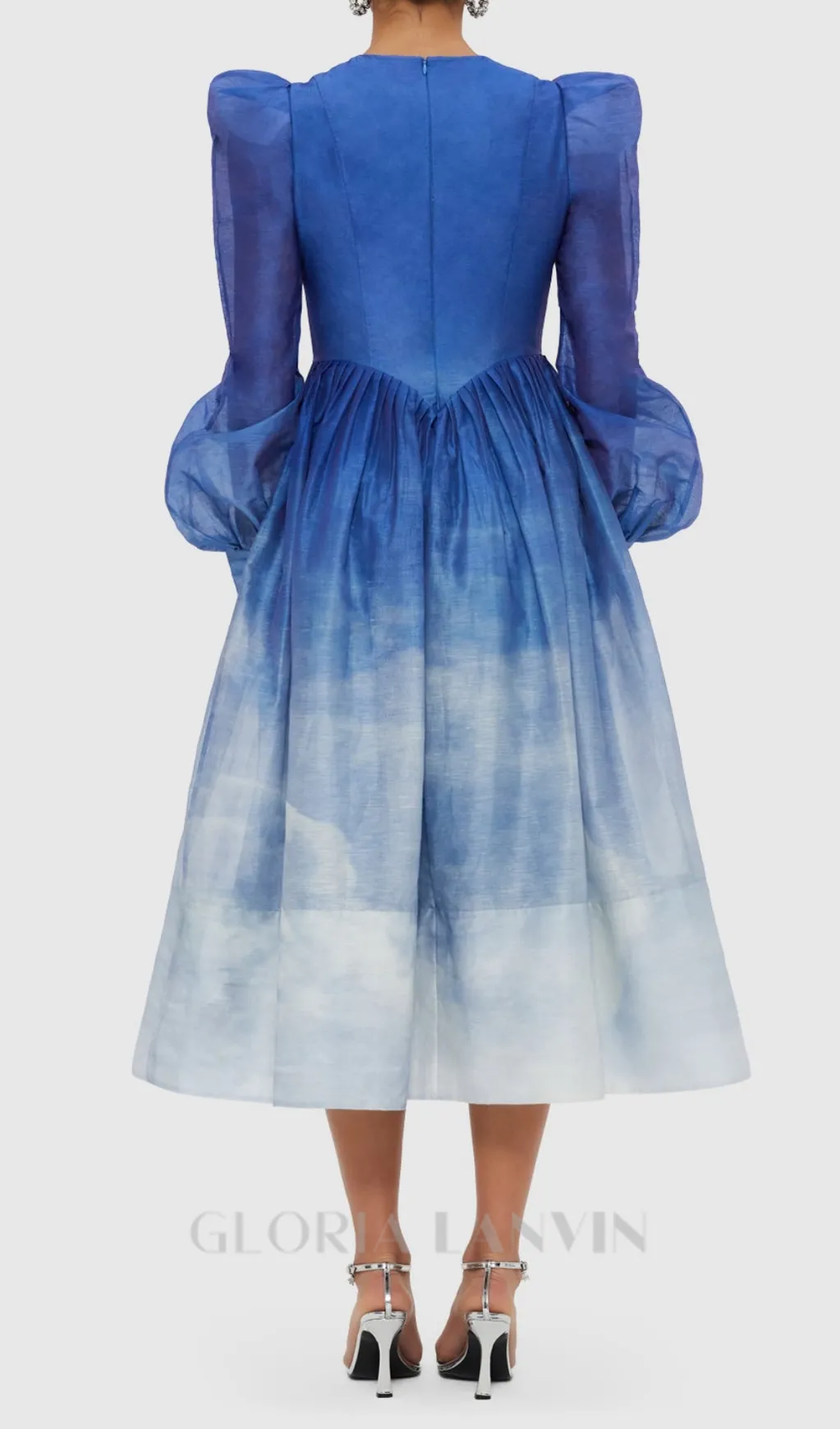 JORDANA STRUCTURED SHOULDER MIDI DRESS IN AERIAL PRINT Gloria Lanvin