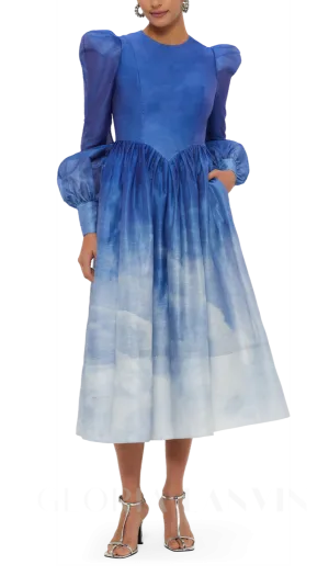 JORDANA STRUCTURED SHOULDER MIDI DRESS IN AERIAL PRINT Gloria Lanvin