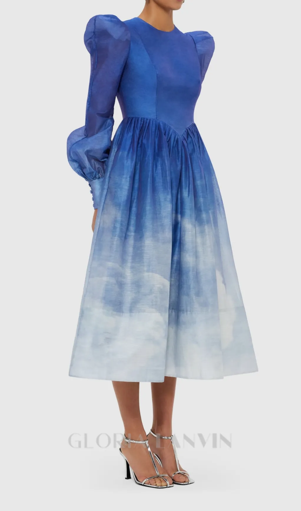 JORDANA STRUCTURED SHOULDER MIDI DRESS IN AERIAL PRINT Gloria Lanvin