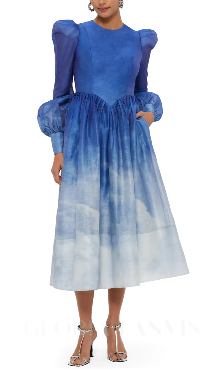 JORDANA STRUCTURED SHOULDER MIDI DRESS IN AERIAL PRINT Gloria Lanvin