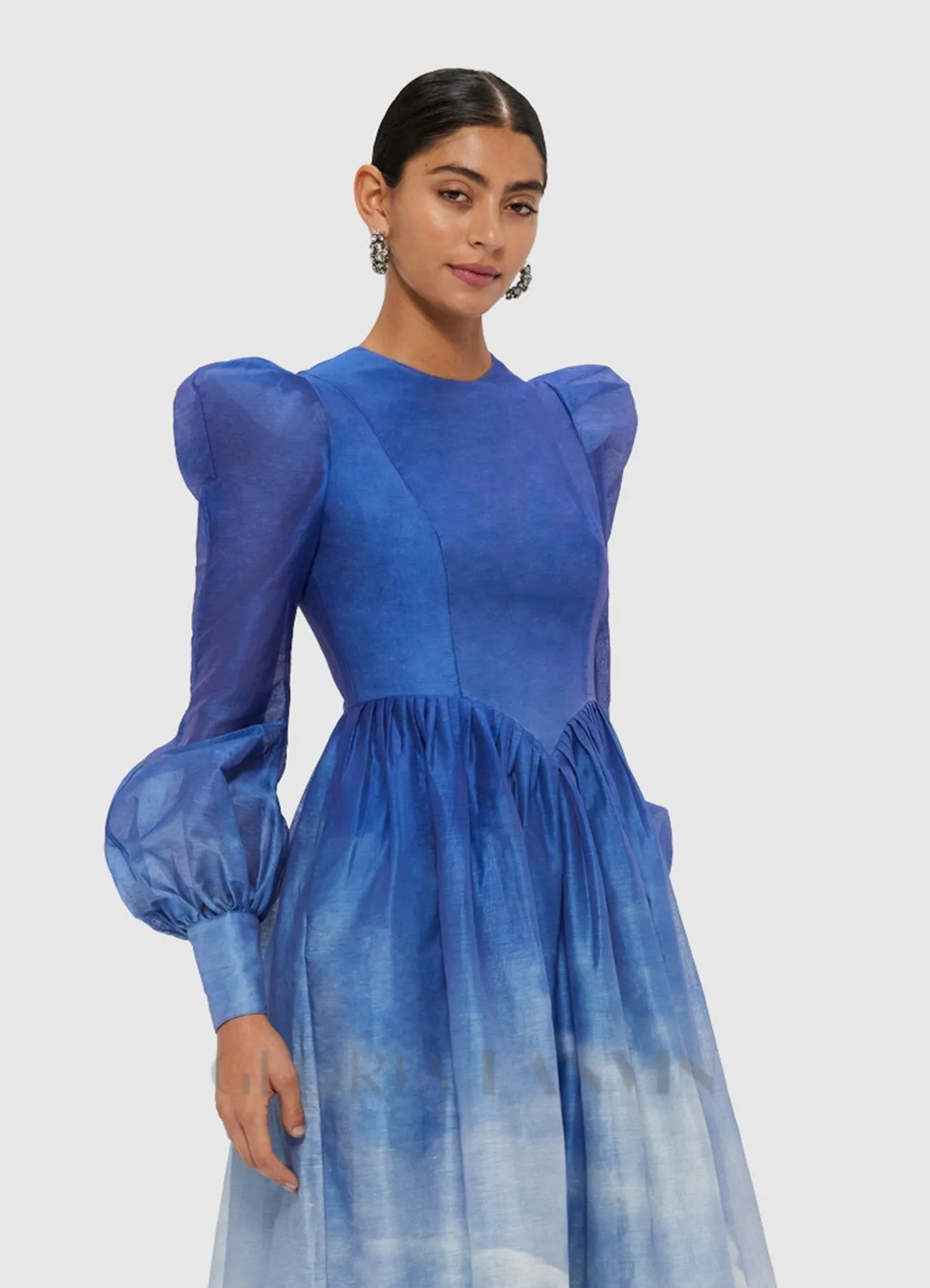 JORDANA STRUCTURED SHOULDER MIDI DRESS IN AERIAL PRINT Gloria Lanvin