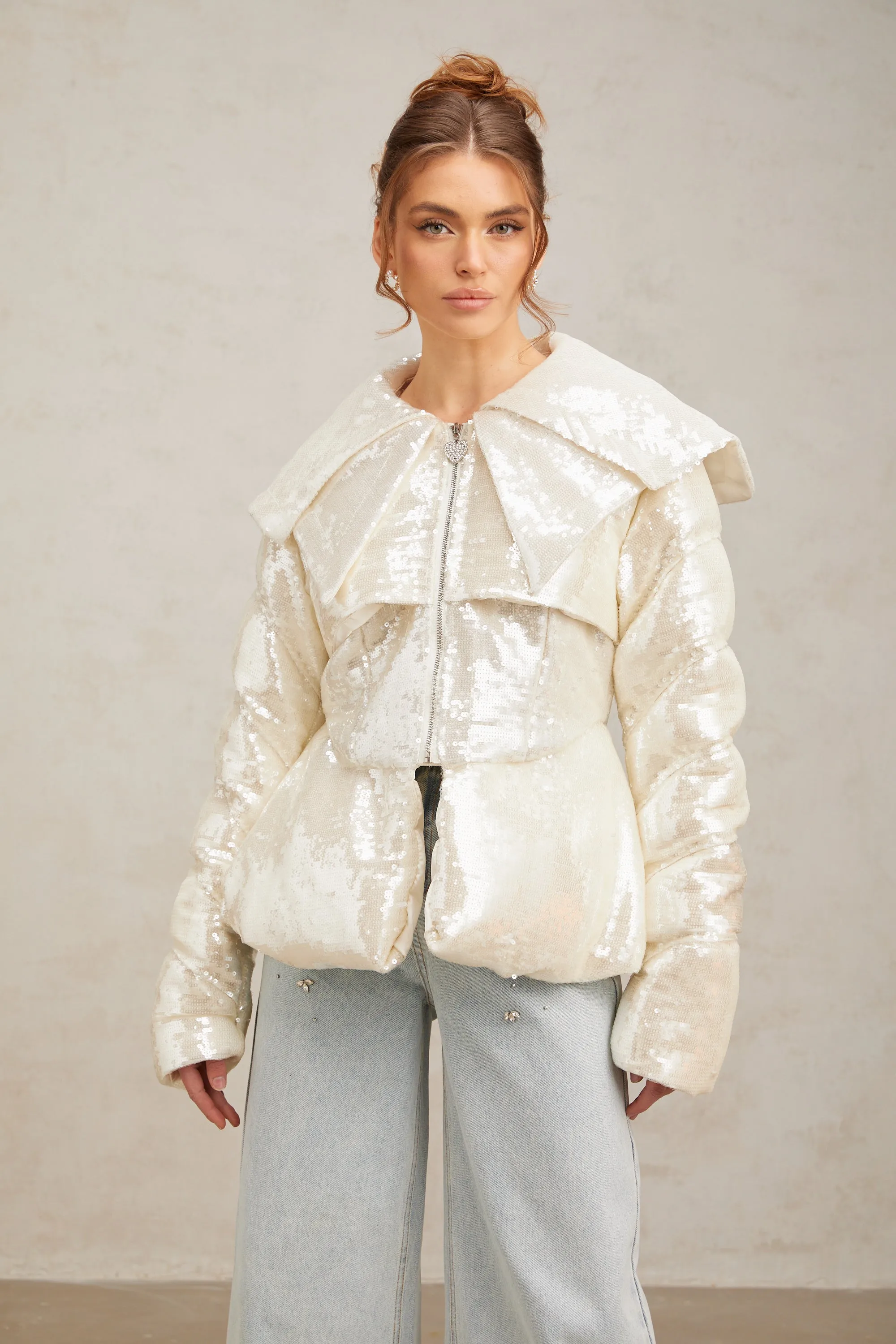 Joslyn white sequined down coat Gloria Lanvin