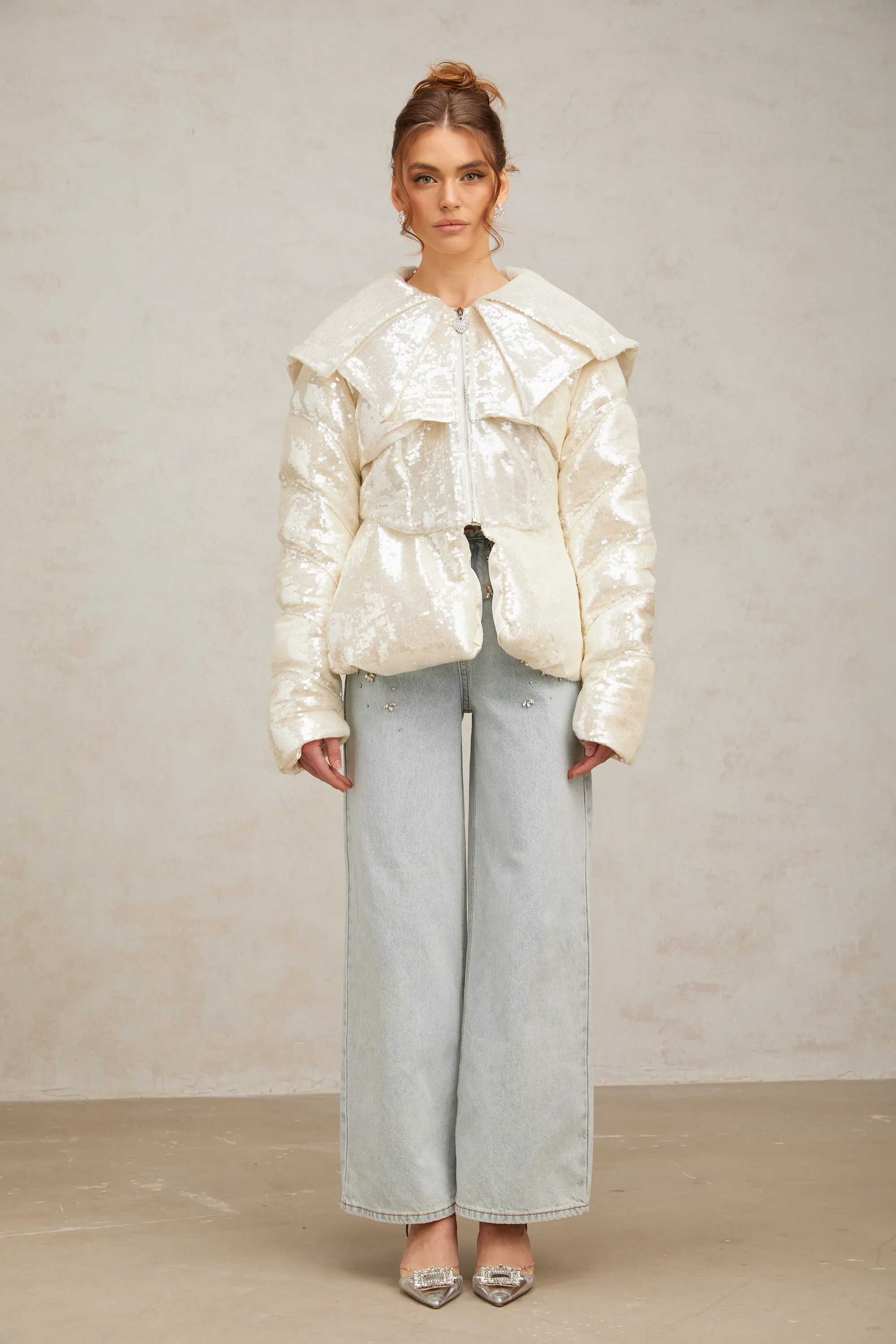 Joslyn white sequined down coat Gloria Lanvin