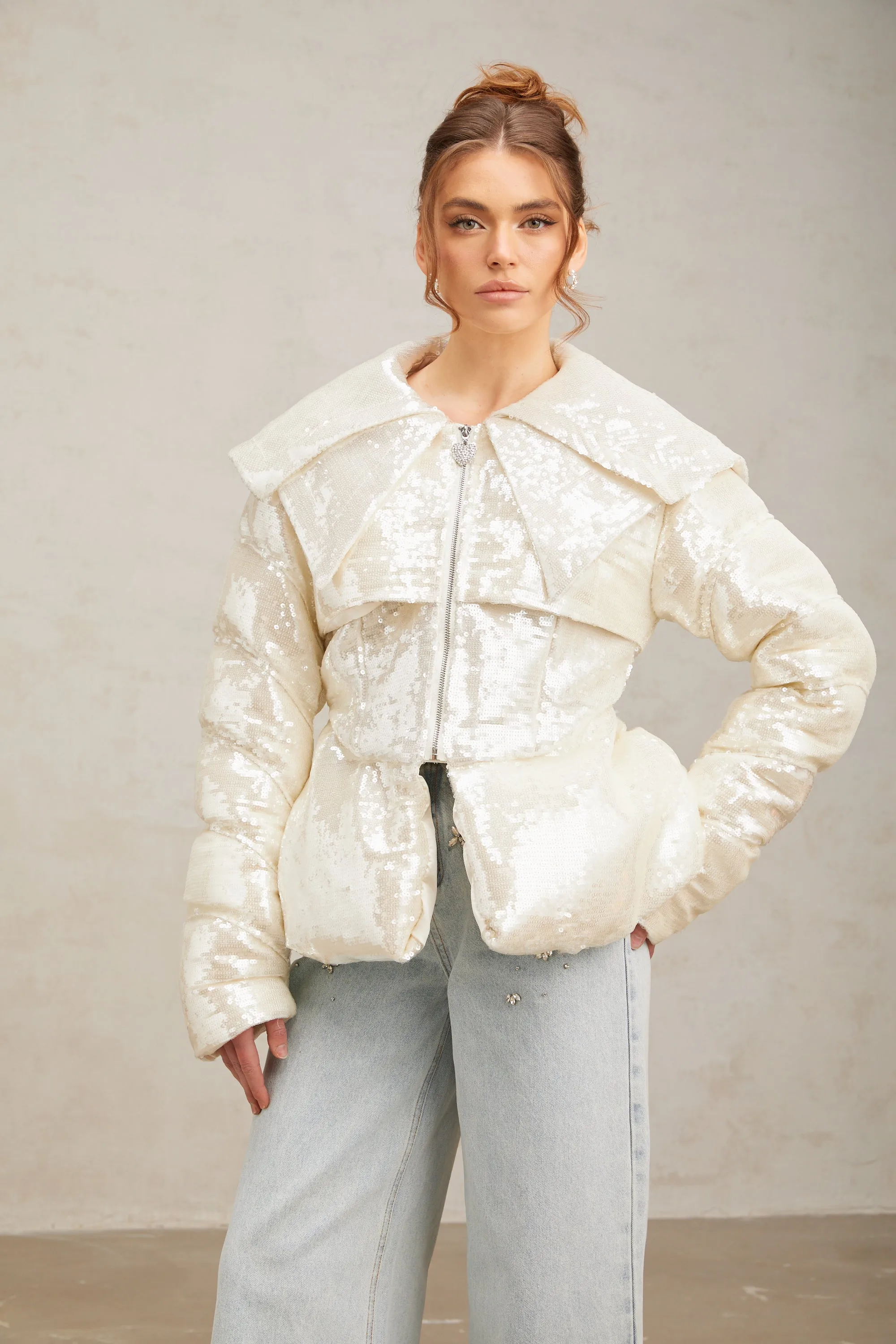 Joslyn white sequined down coat Gloria Lanvin