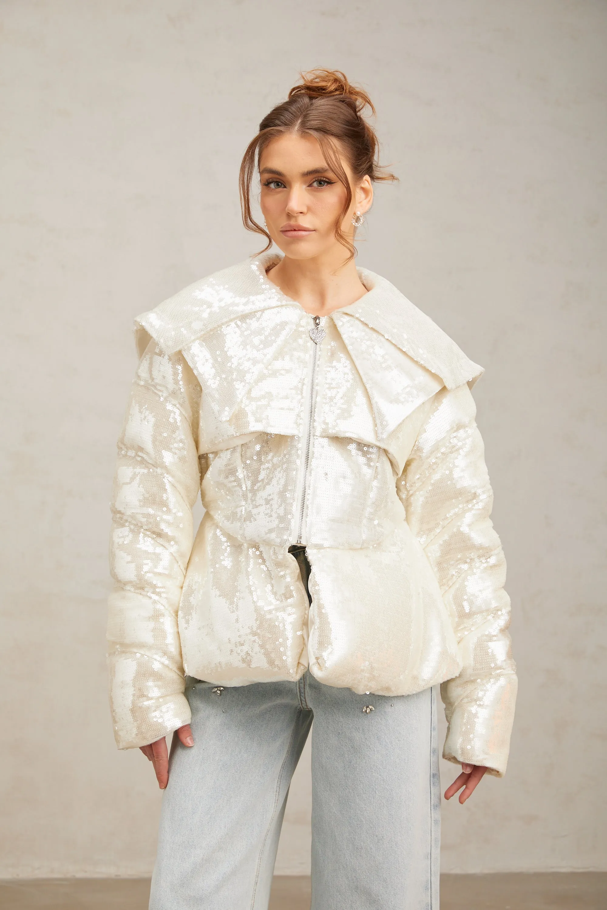 Joslyn white sequined down coat Gloria Lanvin