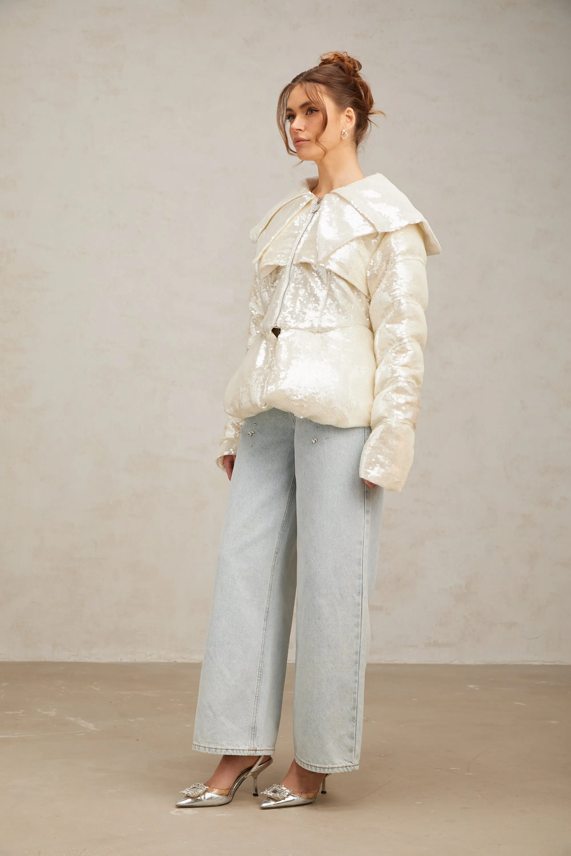 Joslyn white sequined down coat Gloria Lanvin