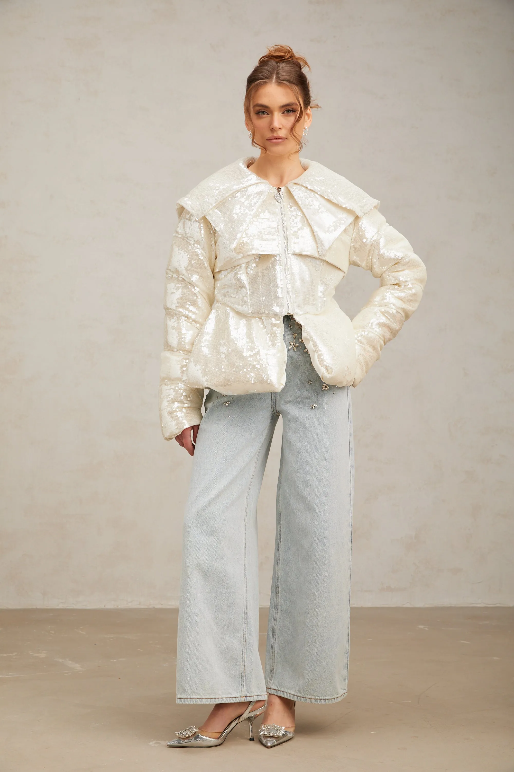 Joslyn white sequined down coat Gloria Lanvin