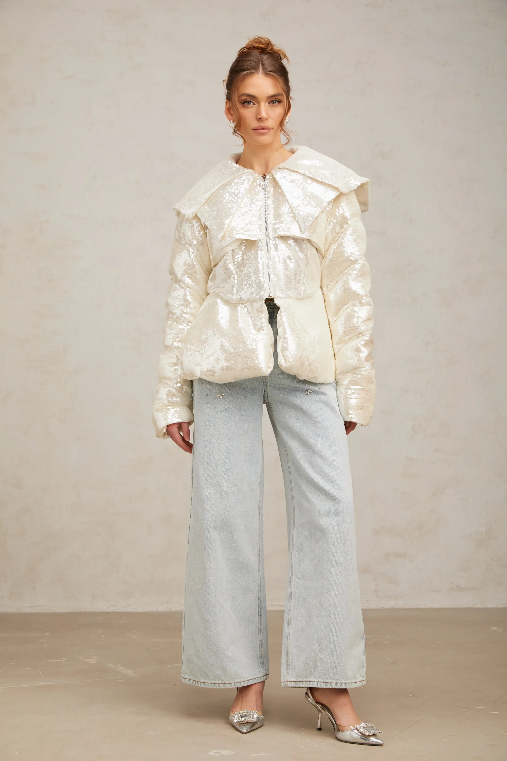 Joslyn white sequined down coat Gloria Lanvin