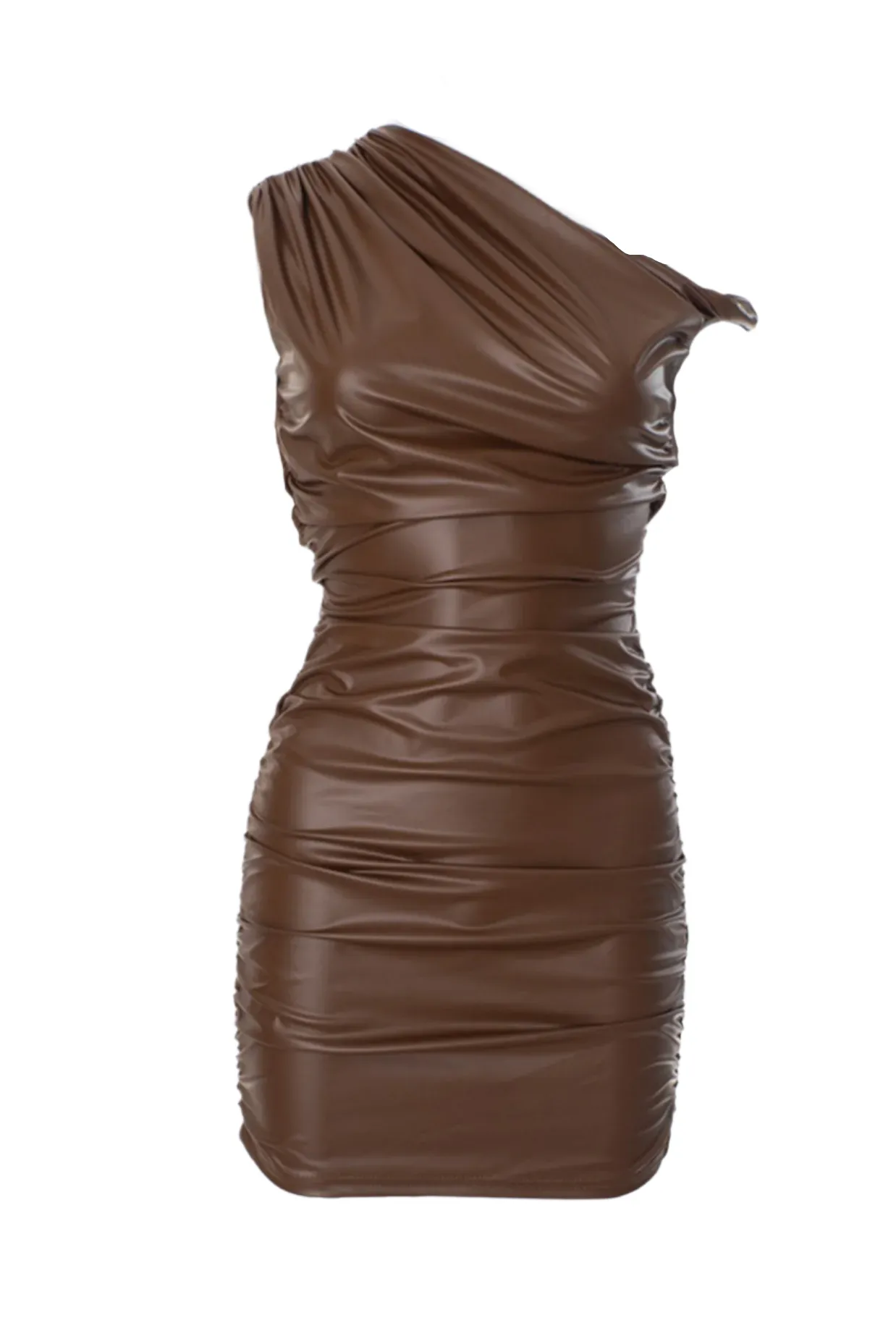 Kadwyn Ruched Asymmetric Faux Leather Mini Dress in Brown Gloria Lanvin