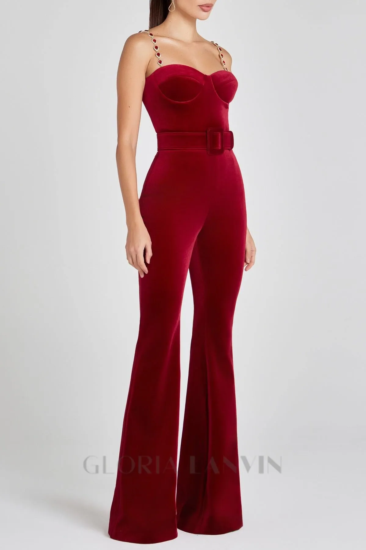 Kalene Diamante Chain Velvet Jumpsuit Gloria Lanvin