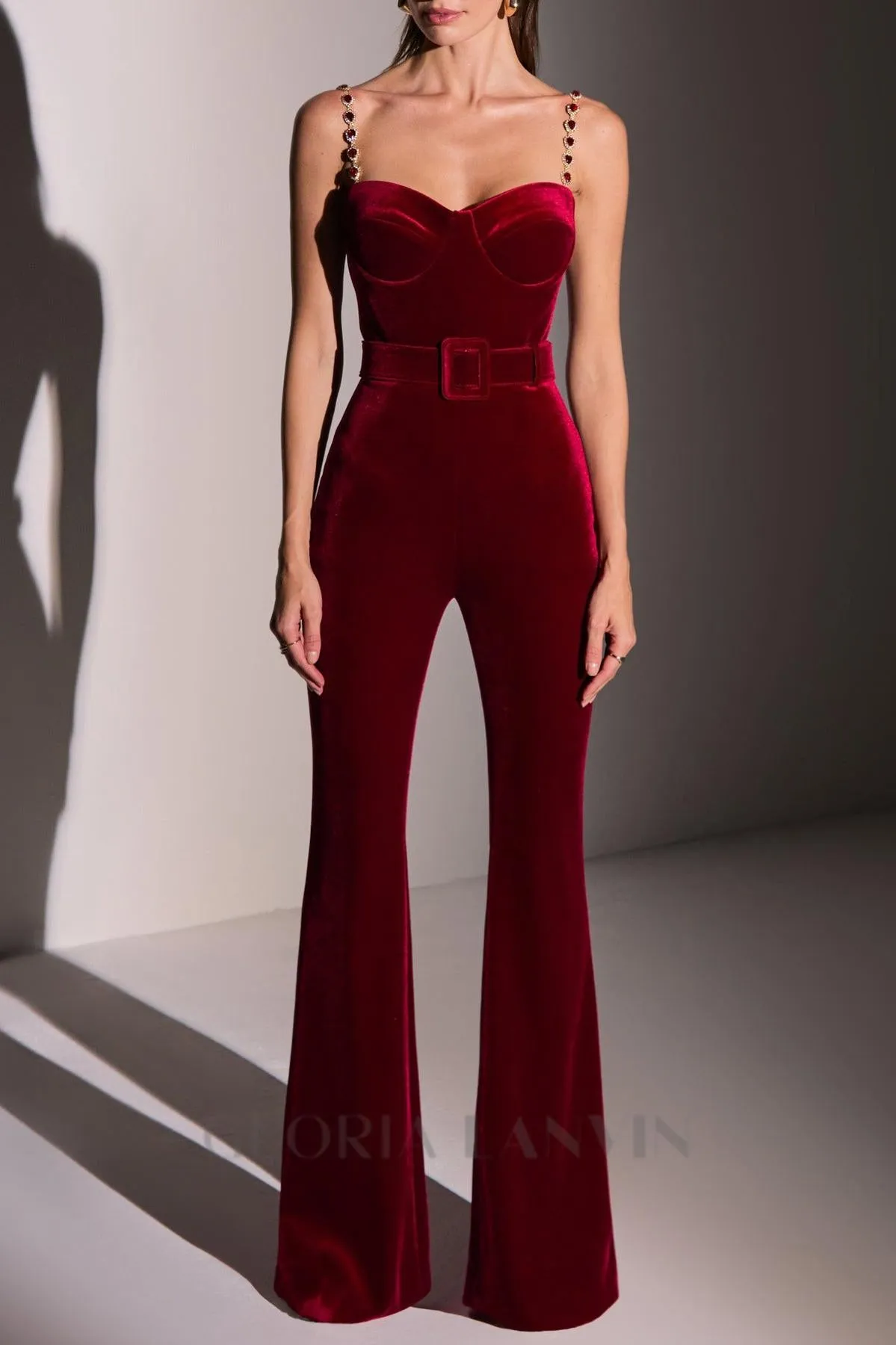 Kalene Diamante Chain Velvet Jumpsuit Gloria Lanvin
