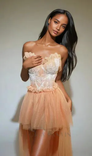 Kalene Strapless Ruffle Tulle Dress In Apricot Gloria Lanvin