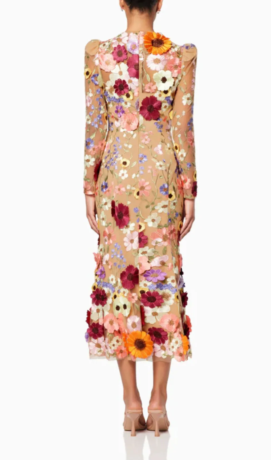KATE LONG SLEEVE 3D FLORAL PRINT MIDI DRESS Gloria Lanvin