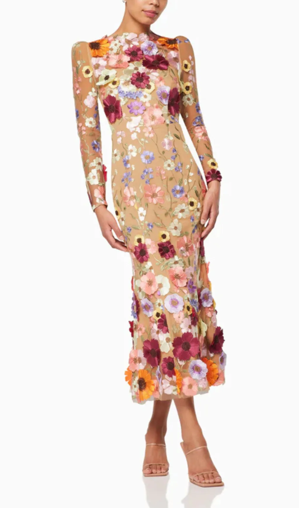 KATE LONG SLEEVE 3D FLORAL PRINT MIDI DRESS Gloria Lanvin