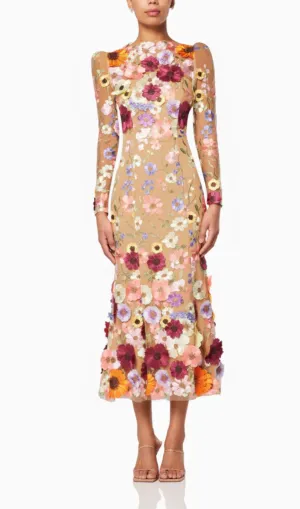 KATE LONG SLEEVE 3D FLORAL PRINT MIDI DRESS Gloria Lanvin