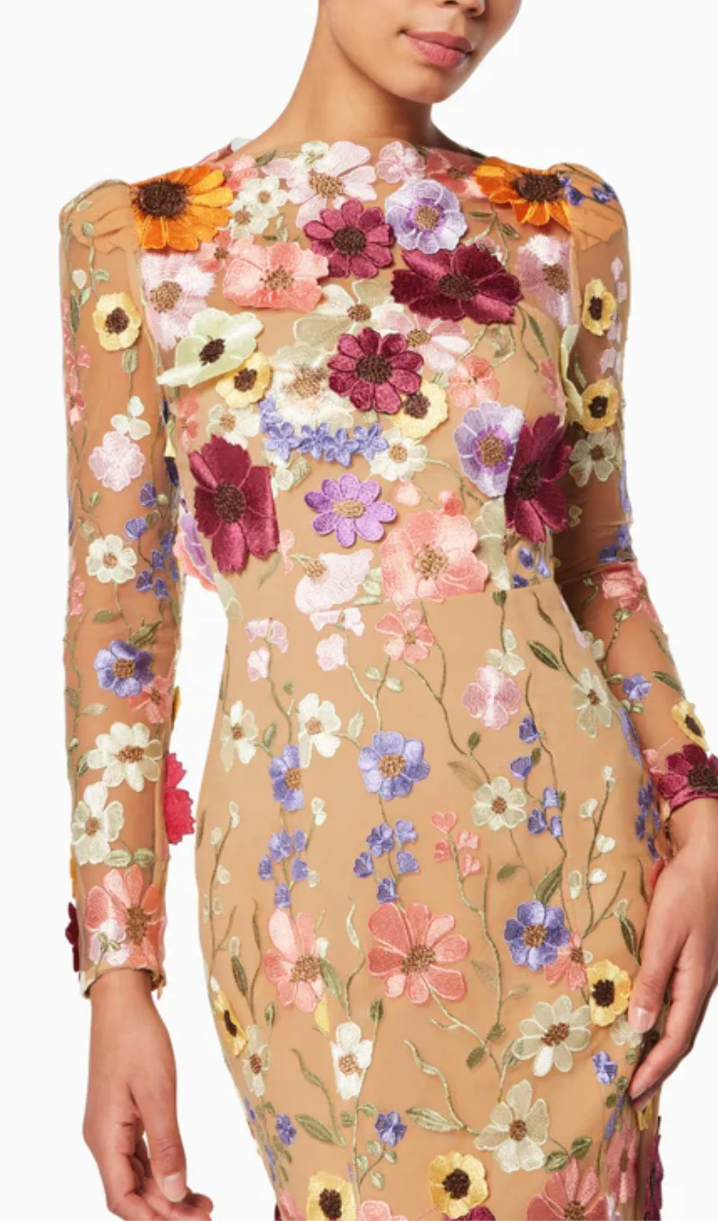 KATE LONG SLEEVE 3D FLORAL PRINT MIDI DRESS Gloria Lanvin