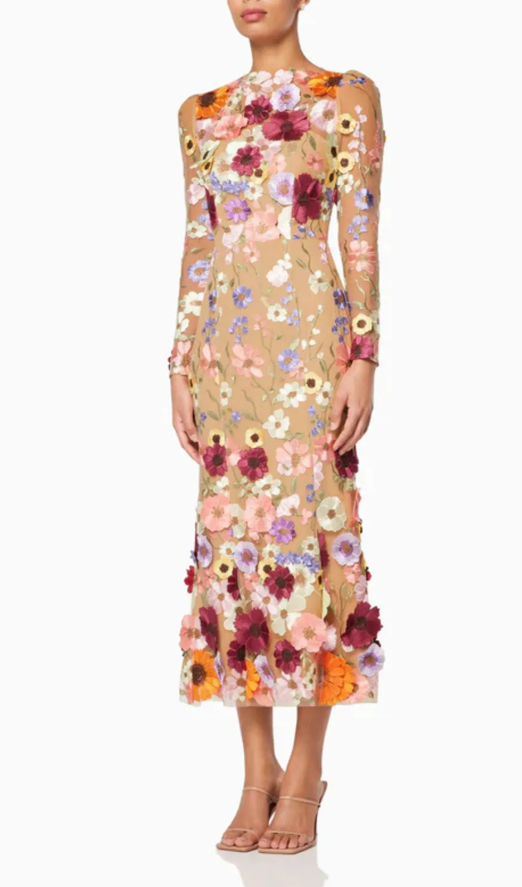 KATE LONG SLEEVE 3D FLORAL PRINT MIDI DRESS Gloria Lanvin