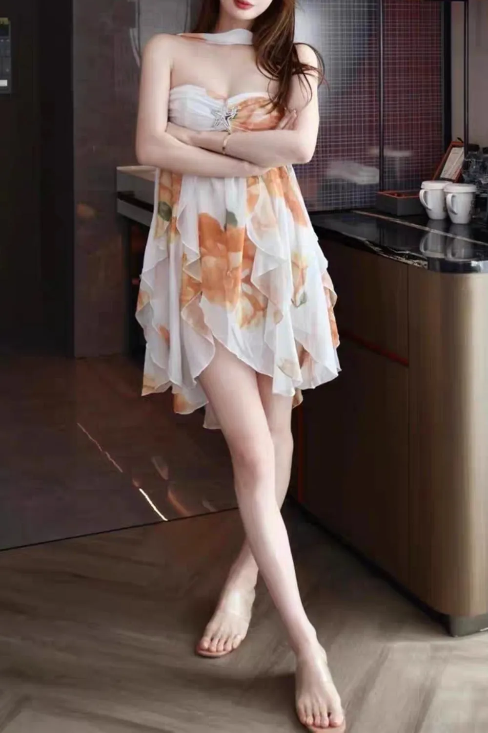 katherine Floral Halter Backless Mini Dress Gloria Lanvin