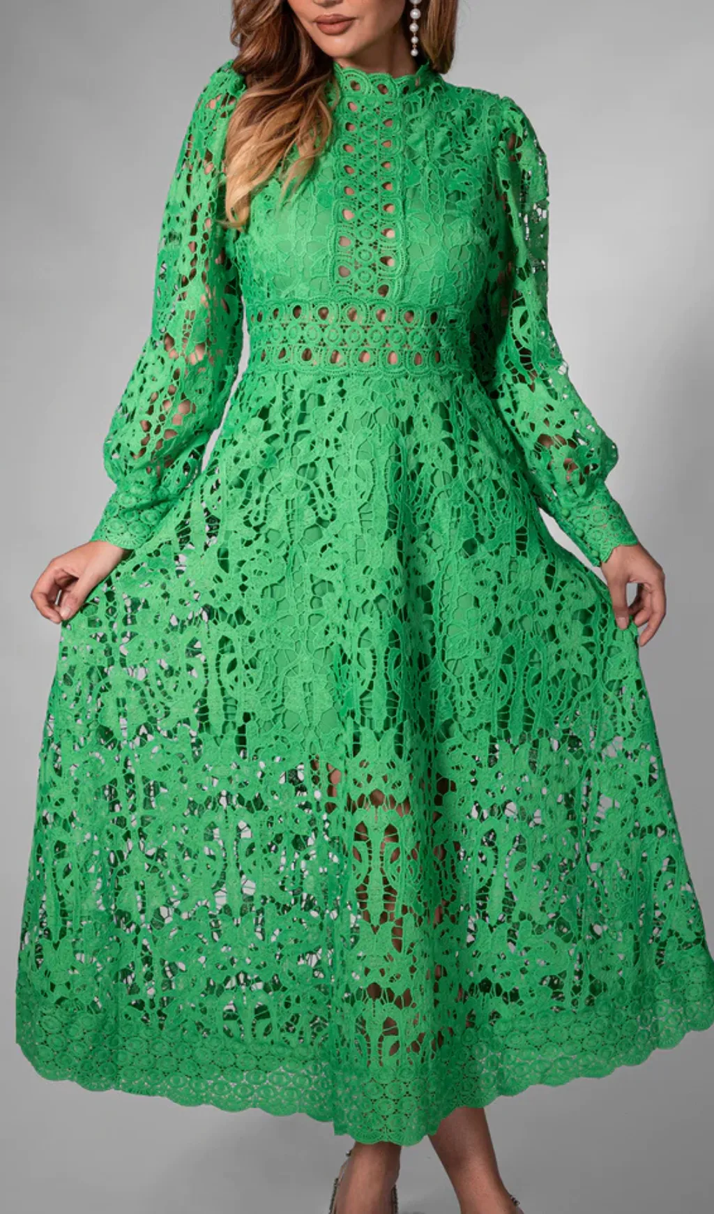 KENZIE GREEN HOLLOW LACE CUTOUT MIDI DRESS Gloria Lanvin