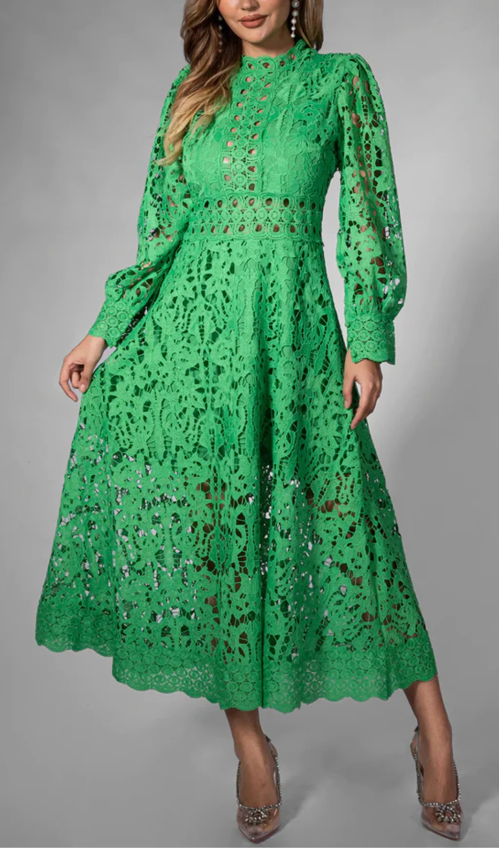 KENZIE GREEN HOLLOW LACE CUTOUT MIDI DRESS Gloria Lanvin