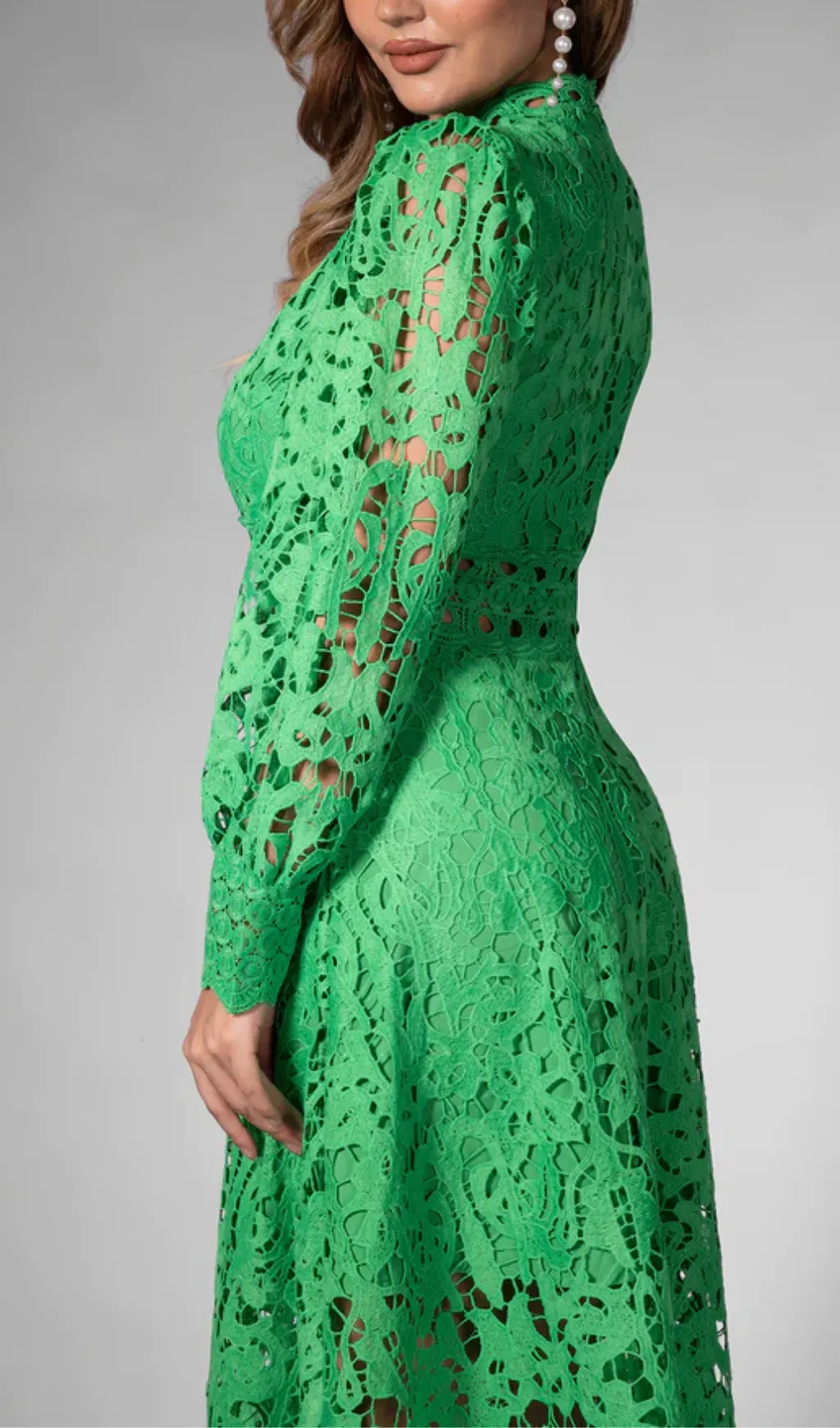 KENZIE GREEN HOLLOW LACE CUTOUT MIDI DRESS Gloria Lanvin