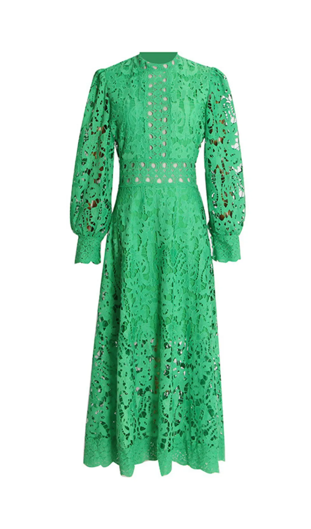 KENZIE GREEN HOLLOW LACE CUTOUT MIDI DRESS Gloria Lanvin