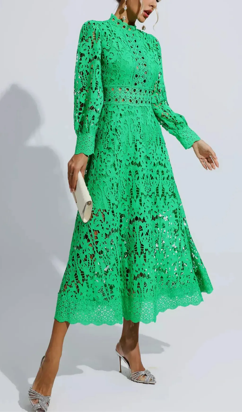 KENZIE GREEN HOLLOW LACE CUTOUT MIDI DRESS Gloria Lanvin
