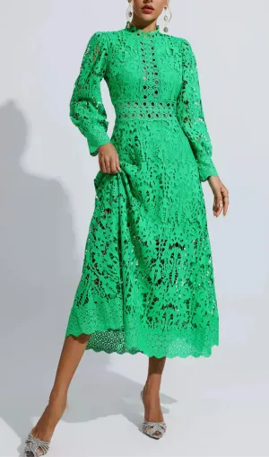 KENZIE GREEN HOLLOW LACE CUTOUT MIDI DRESS Gloria Lanvin