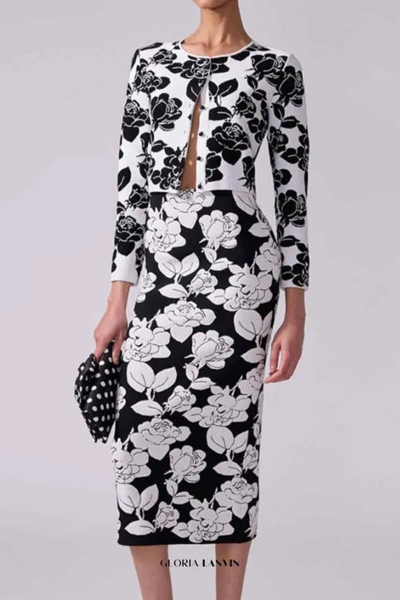 knit floral jacquard midi pencil cardigan skirt set Gloria Lanvin