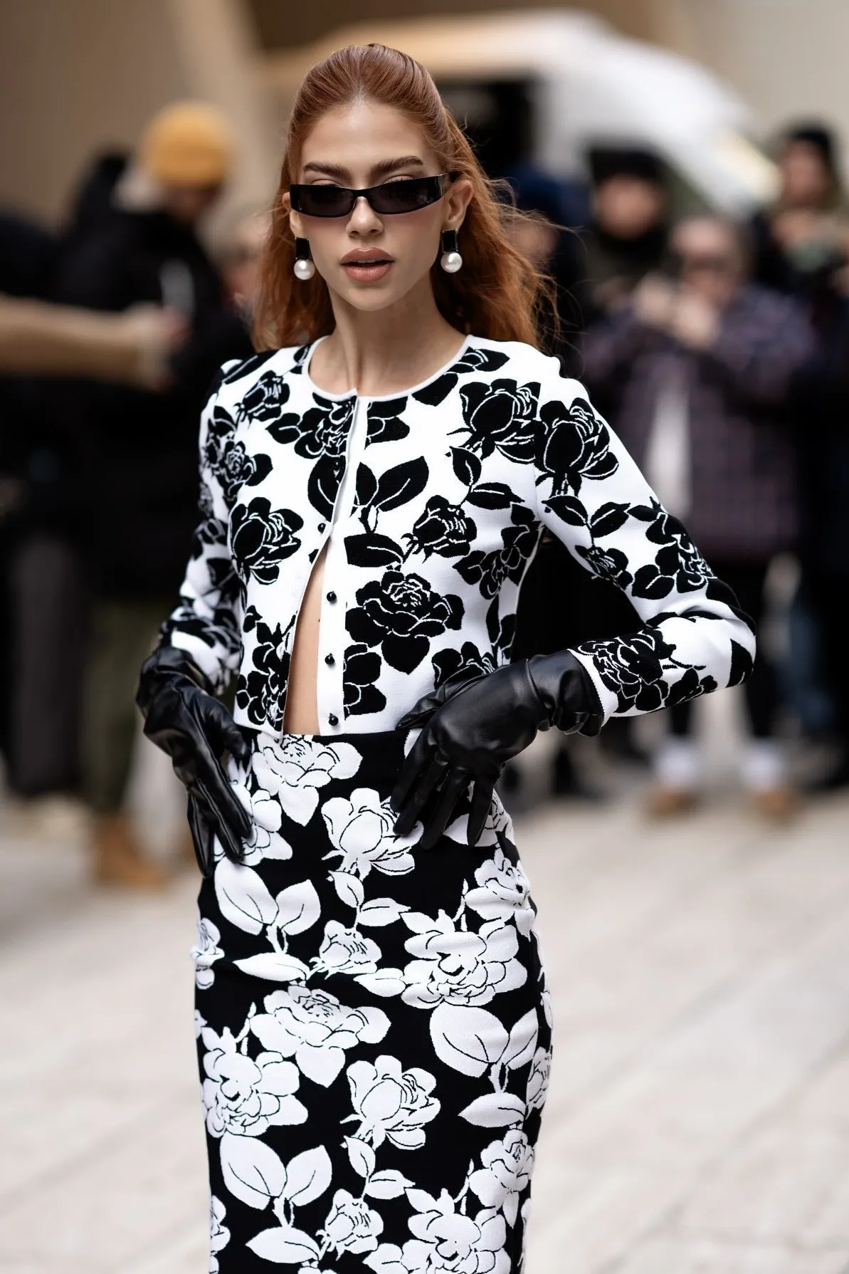 knit floral jacquard midi pencil cardigan skirt set Gloria Lanvin