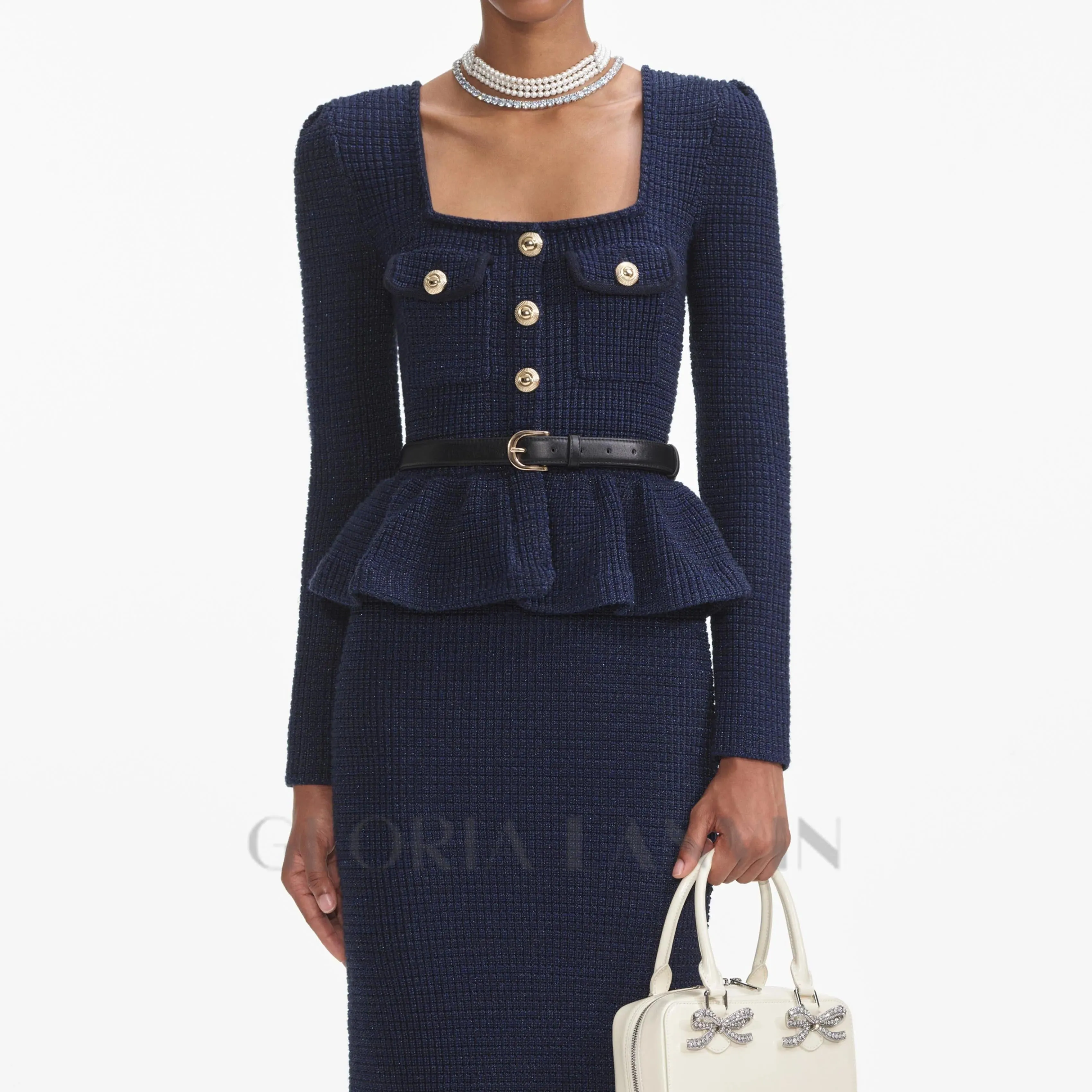 knit peplum maxi dress in dark blue Gloria Lanvin