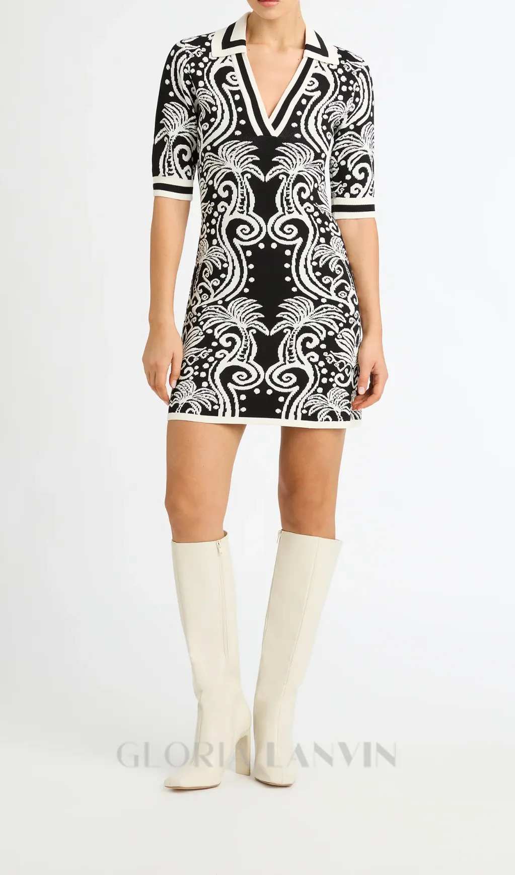 KNIT VINTAGE PATTERN MINI DRESS IN BLACK Gloria Lanvin