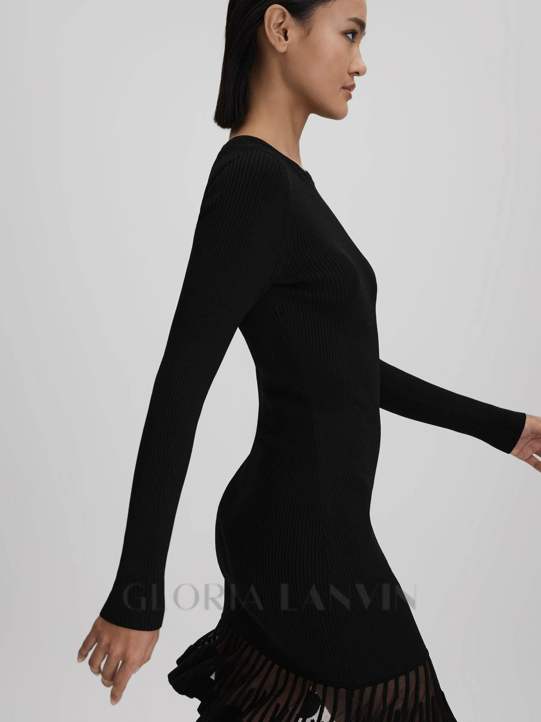 knitted sheer flared mini dress in black Gloria Lanvin