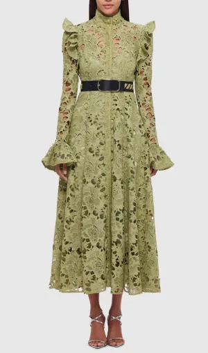LACE BUTTERFLY SLEEVE MIDI DRESS IN OLIVE Gloria Lanvin