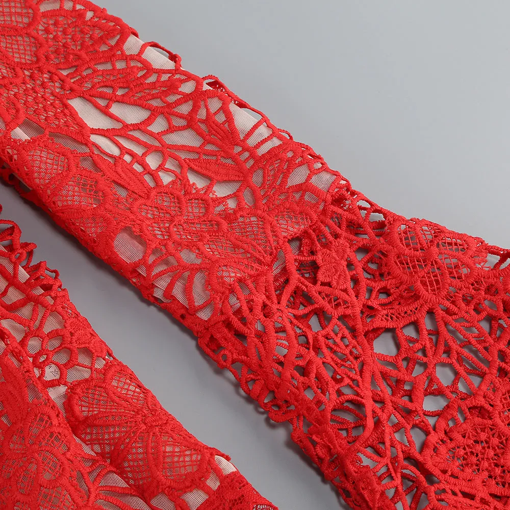 lace-embellished trumpet sleeve jumpsuits in red Gloria Lanvin
