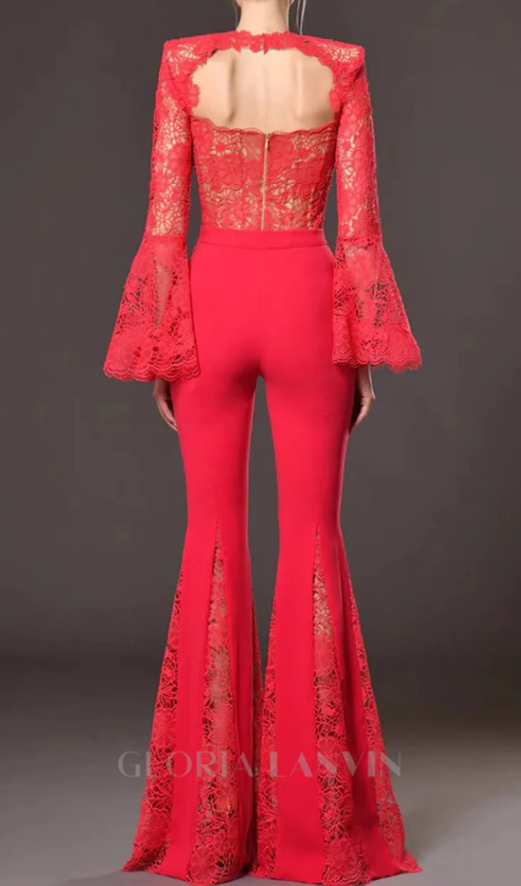 lace-embellished trumpet sleeve jumpsuits in red Gloria Lanvin