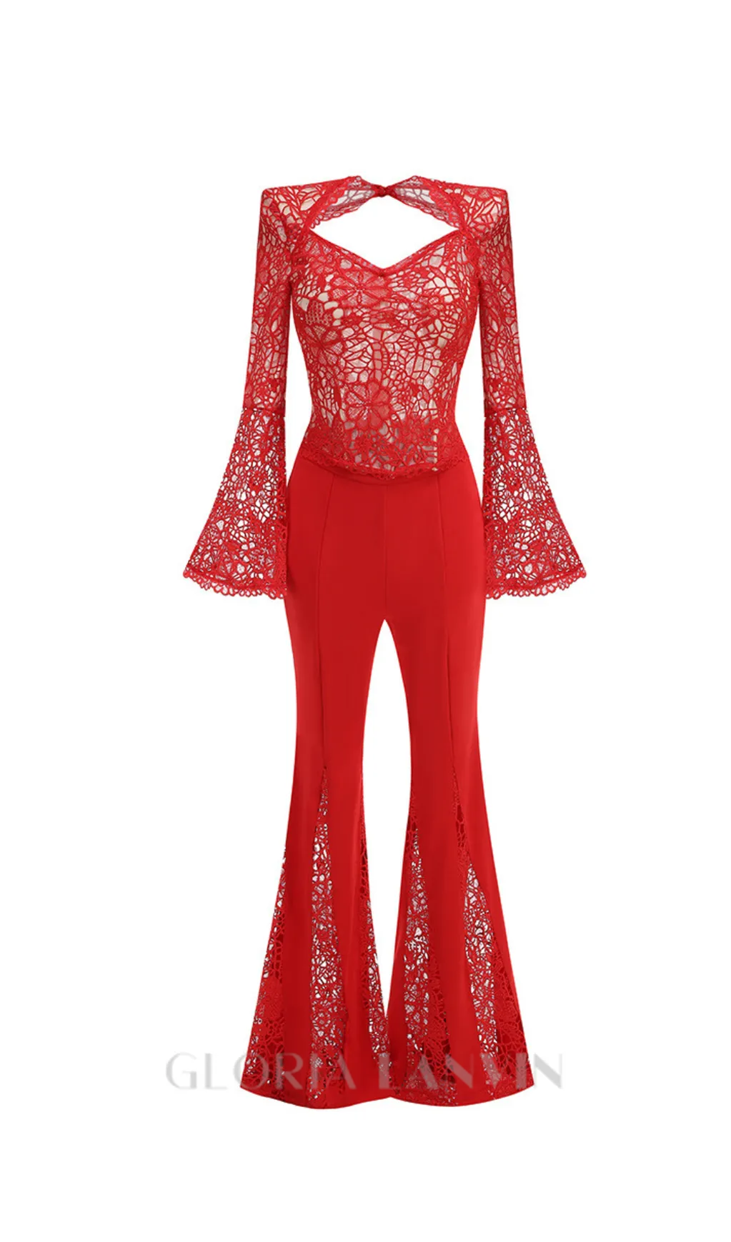 lace-embellished trumpet sleeve jumpsuits in red Gloria Lanvin