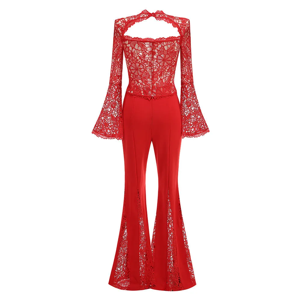 lace-embellished trumpet sleeve jumpsuits in red Gloria Lanvin