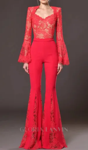lace-embellished trumpet sleeve jumpsuits in red Gloria Lanvin