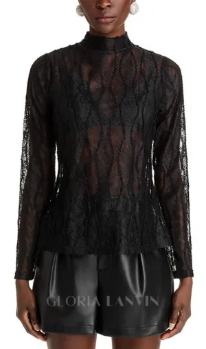 Lace Mock Neck Top in black Gloria Lanvin