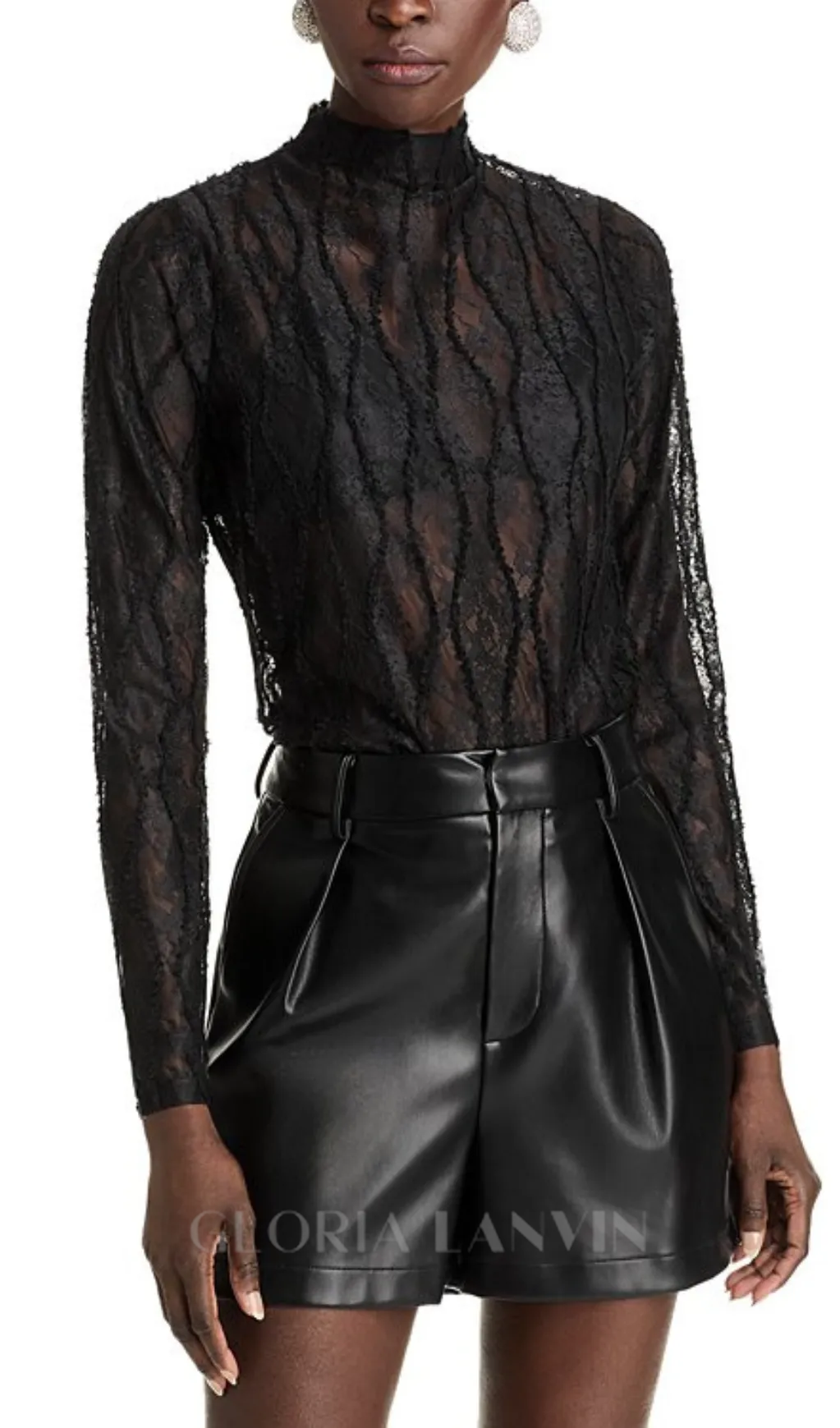 Lace Mock Neck Top in black Gloria Lanvin