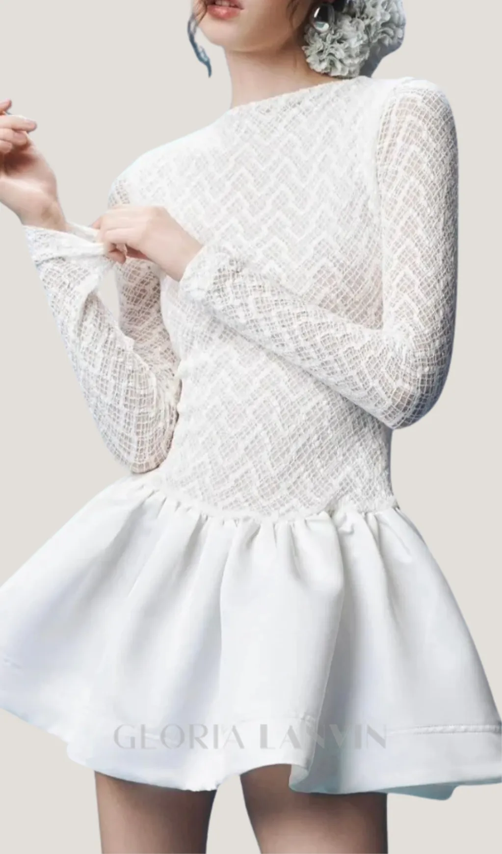 Lace Patchwork Puff Mini Dress in white Gloria Lanvin