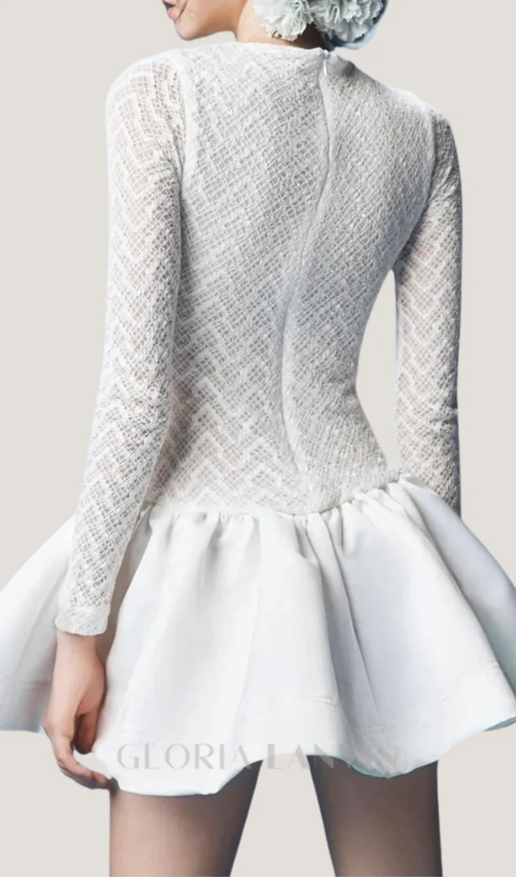 Lace Patchwork Puff Mini Dress in white Gloria Lanvin