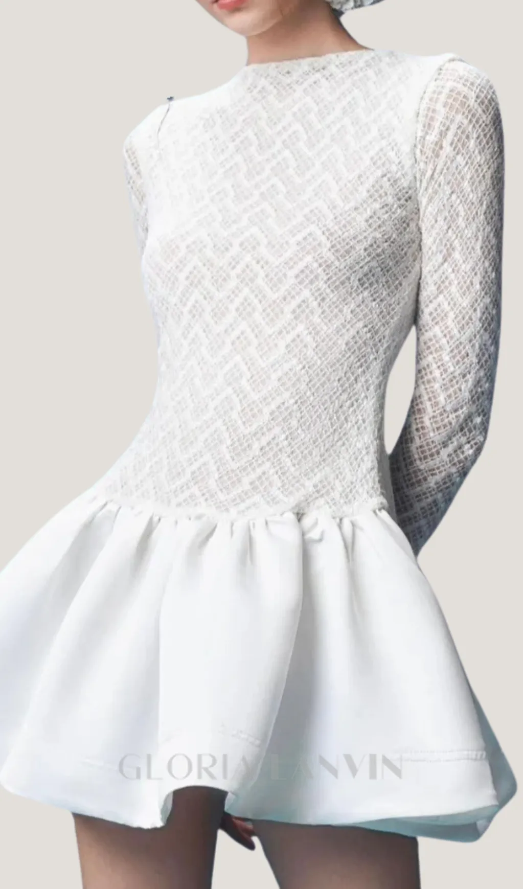 Lace Patchwork Puff Mini Dress in white Gloria Lanvin
