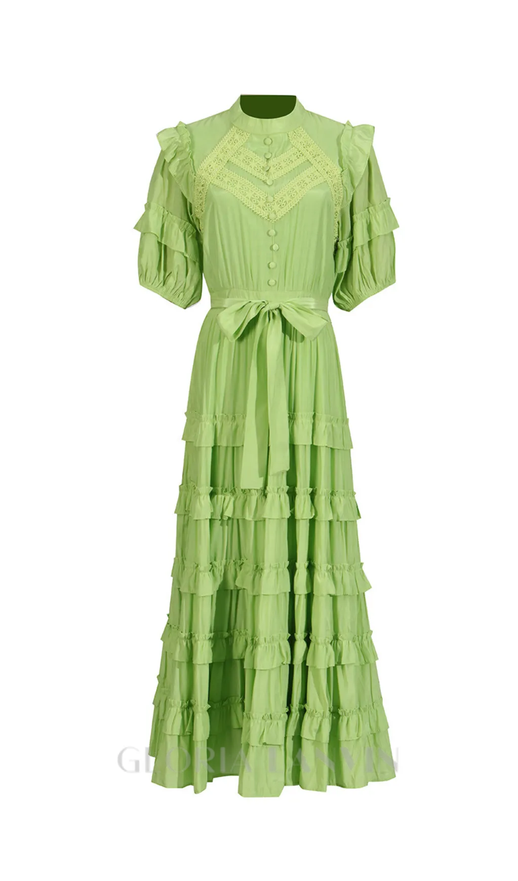 Lace ruffle trim layer midi dress in green Gloria Lanvin
