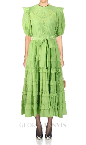Lace ruffle trim layer midi dress in green Gloria Lanvin