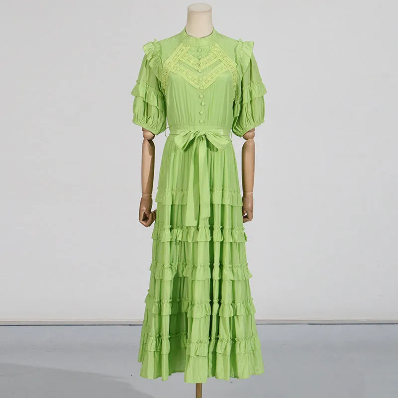 Lace ruffle trim layer midi dress in green Gloria Lanvin