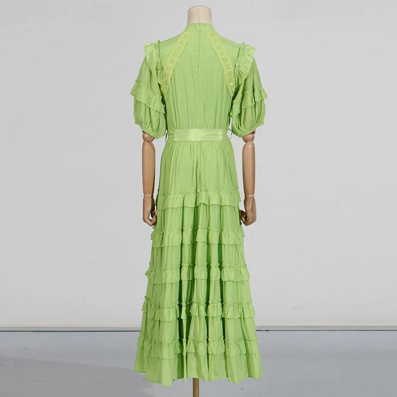 Lace ruffle trim layer midi dress in green Gloria Lanvin