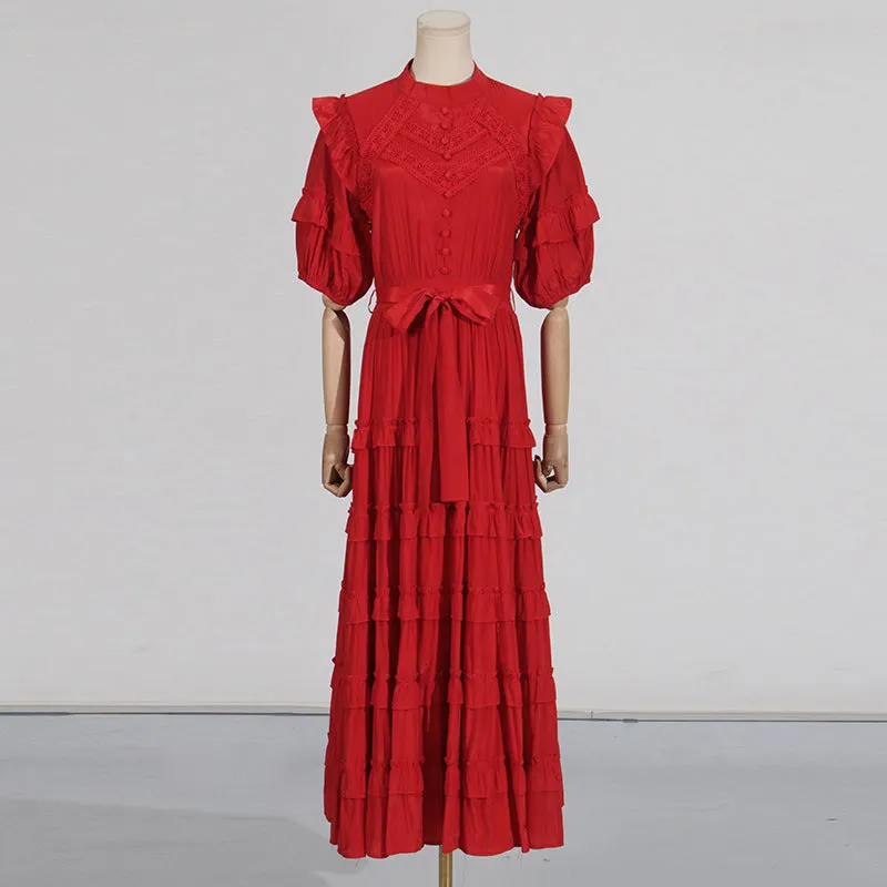 Lace ruffle trim layer midi dress in red Gloria Lanvin
